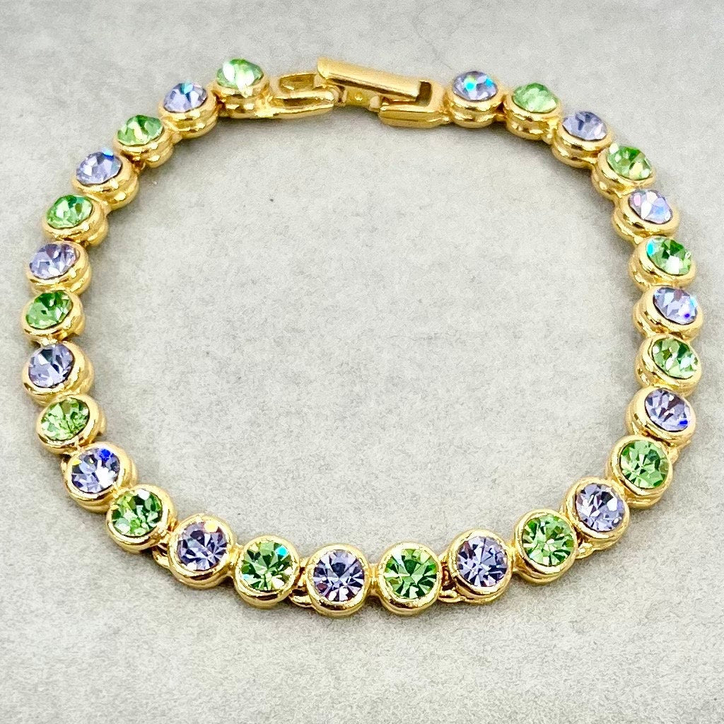 Vintage Green Uranium & Tanzanite Colour Glass Crystal Tennis Bracelet Gold Tone Metal UV Reactive Glow Jewellery TheGreenGlassGemShop