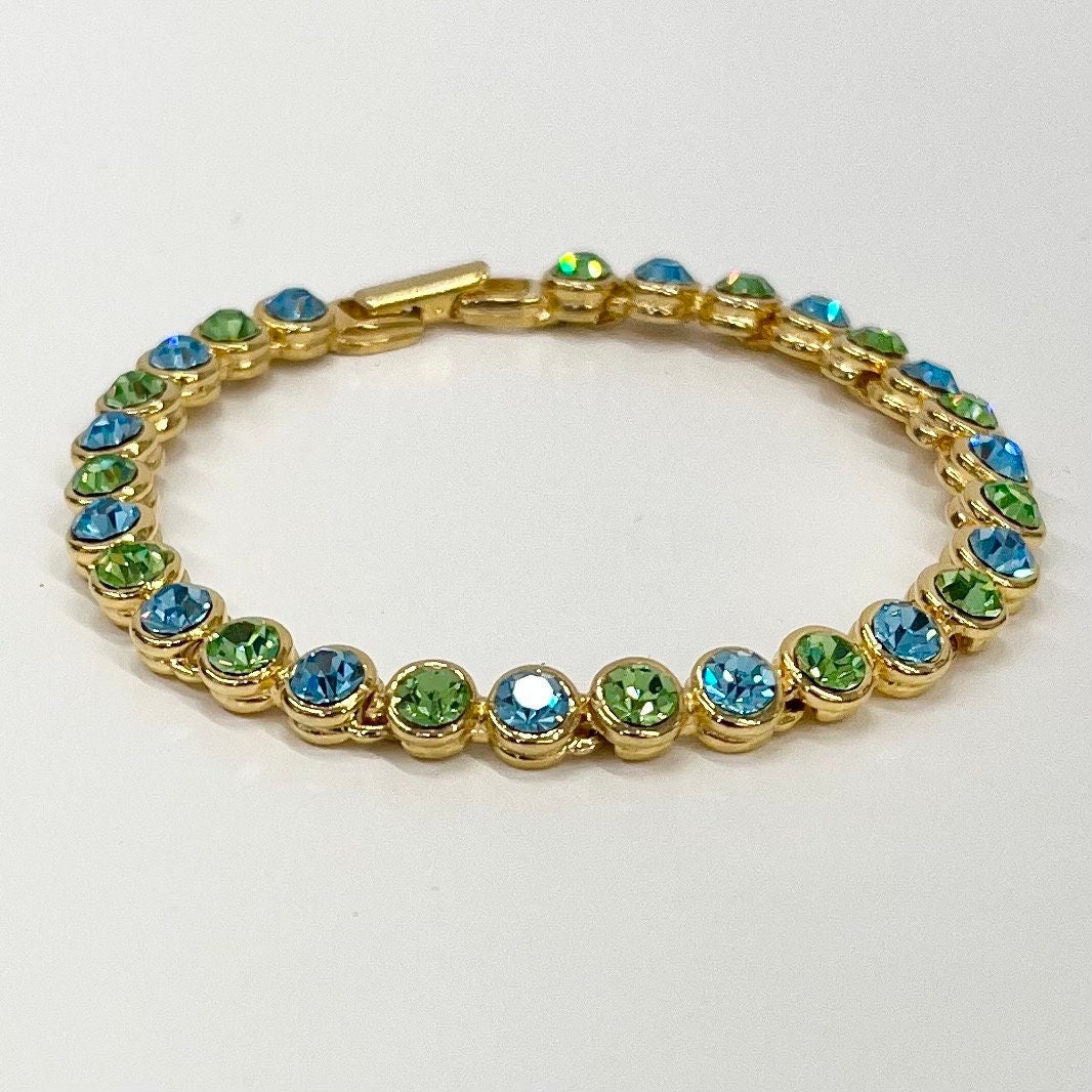 Vintage Green Uranium & Turquoise Blue Colour Glass Crystal Tennis Bracelet Gold Tone Metal UV Reactive Glow Jewellery TheGreenGlassGemShop