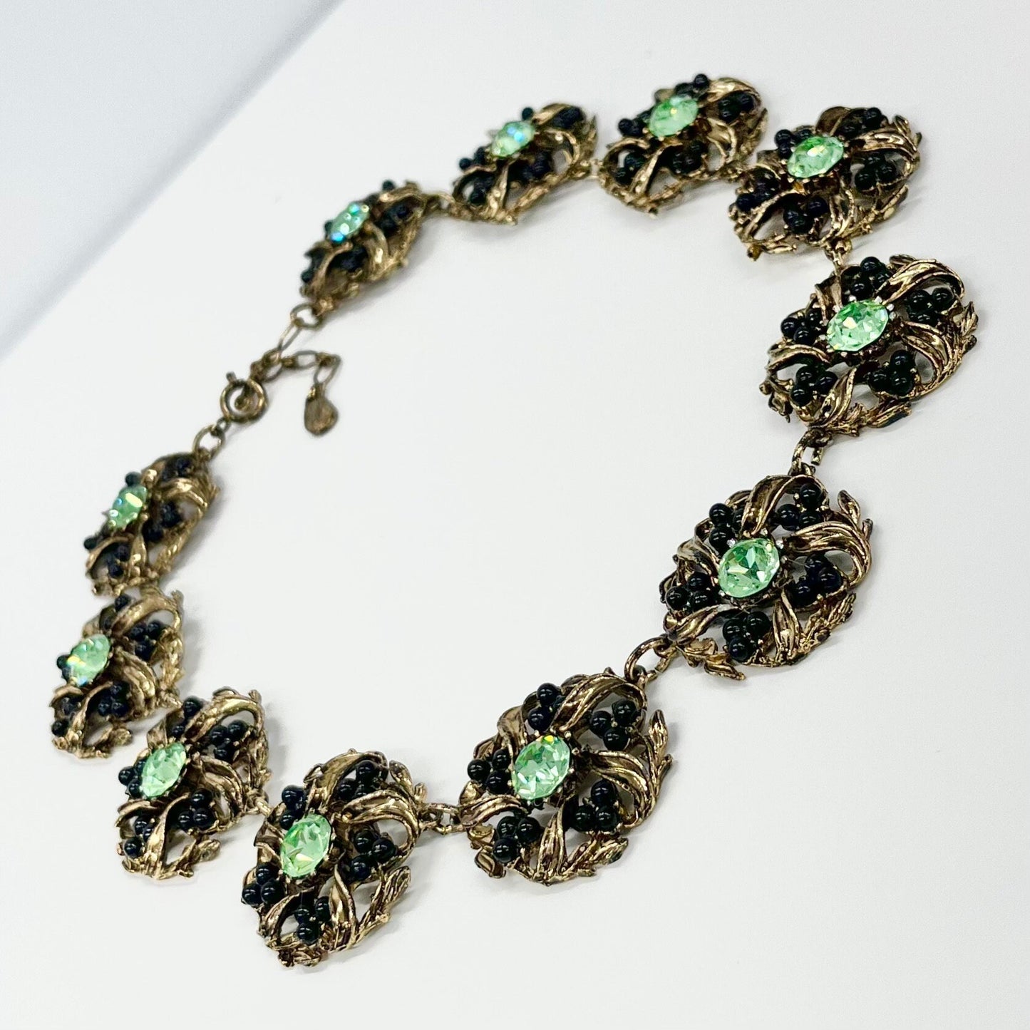 Vintage Sparkling Green Uranium Crystal & Black Faux Pearl Necklace Victorian Collar Style Gold Plated Setting UV Reactive Glowing Jewellery TheGreenGlassGemShop