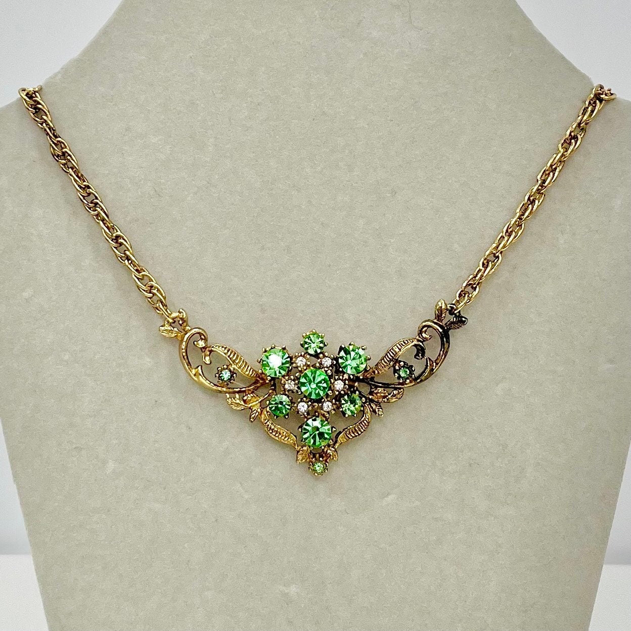 Vintage Green Uranium Crystal Necklace Victorian Style Gold Plated Setting UV Reactive Glowing Jewellery TheGreenGlassGemShop