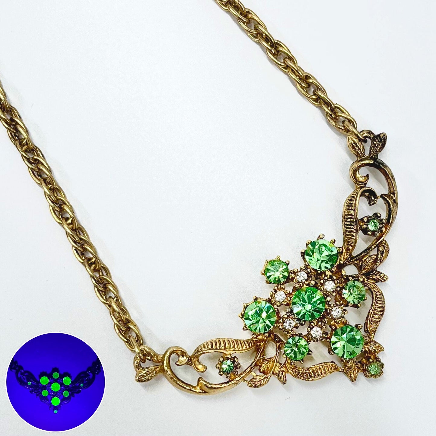 Vintage Green Uranium Crystal Necklace Victorian Style Gold Plated Setting UV Reactive Glowing Jewellery TheGreenGlassGemShop