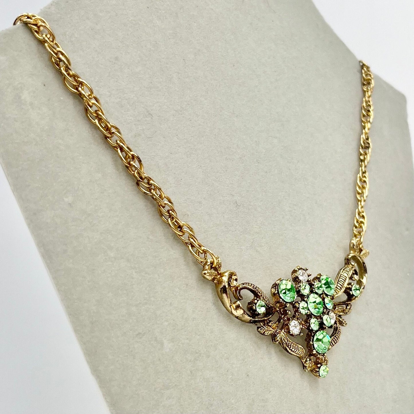 Vintage Green Uranium Crystal Necklace Victorian Floral Style Gold Plated Setting UV Reactive Glowing Jewellery TheGreenGlassGemShop