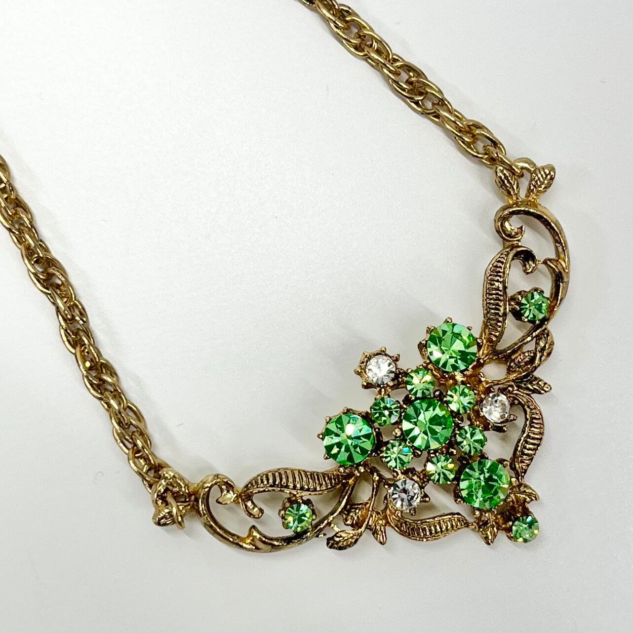 Vintage Green Uranium Crystal Necklace Victorian Floral Style Gold Plated Setting UV Reactive Glowing Jewellery TheGreenGlassGemShop