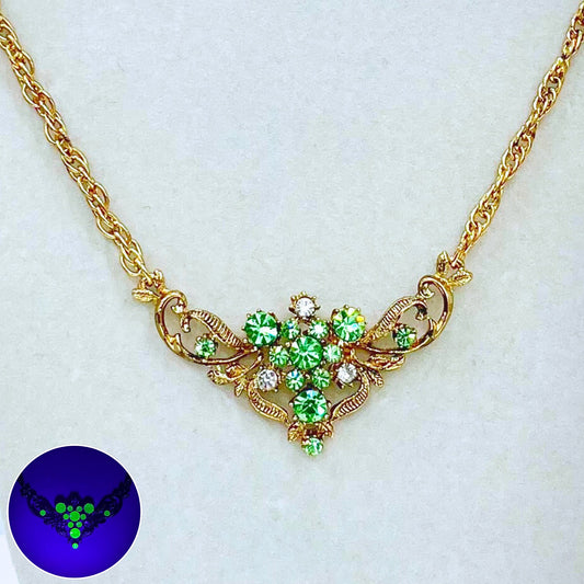 Vintage Green Uranium Crystal Necklace Victorian Floral Style Gold Plated Setting UV Reactive Glowing Jewellery TheGreenGlassGemShop