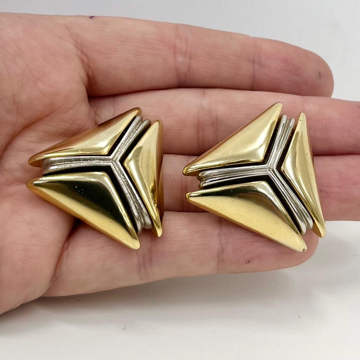 Vintage Statement Triangle Clip On Earrings in a Gold & Silver Tone Setting 1980’s - 1990’s TheGreenGlassGemShop