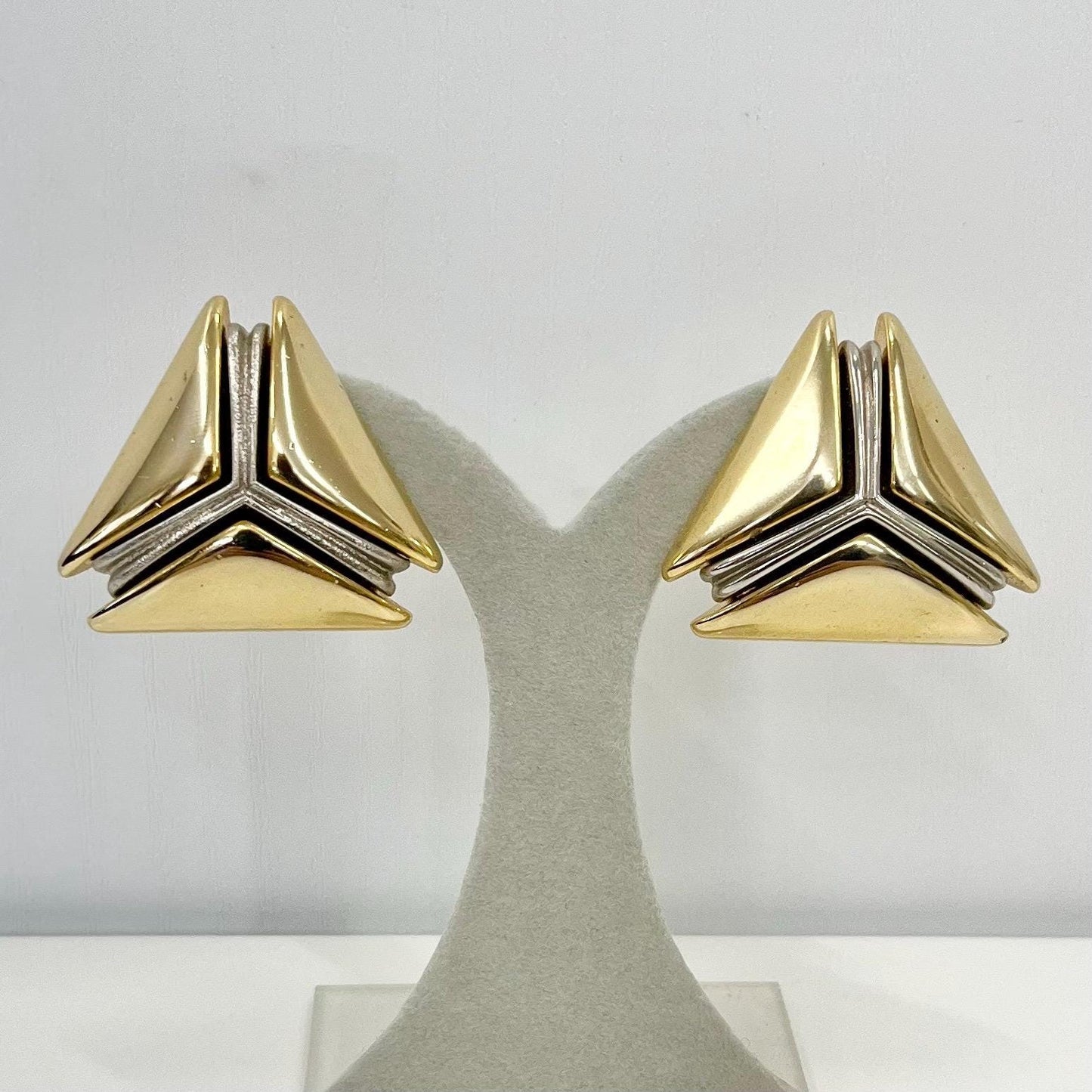 Vintage Statement Triangle Clip On Earrings in a Gold & Silver Tone Setting 1980’s - 1990’s TheGreenGlassGemShop