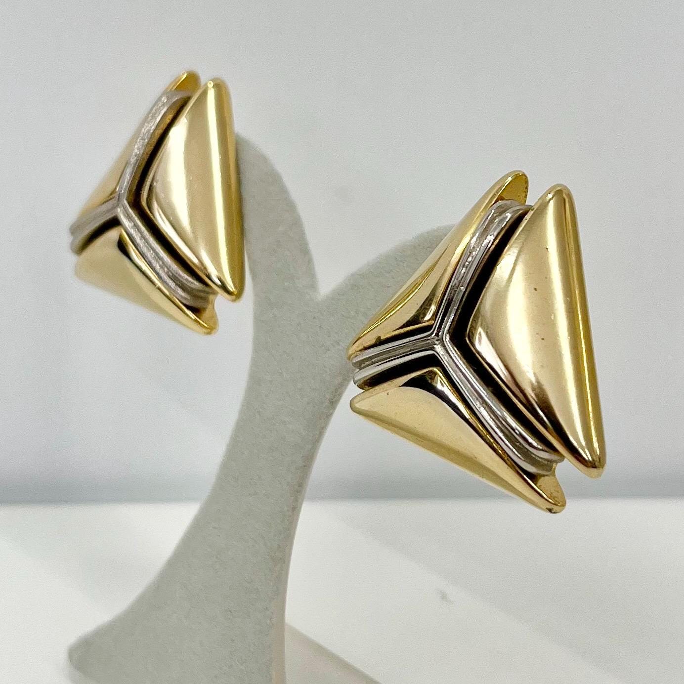 Vintage Statement Triangle Clip On Earrings in a Gold & Silver Tone Setting 1980’s - 1990’s TheGreenGlassGemShop