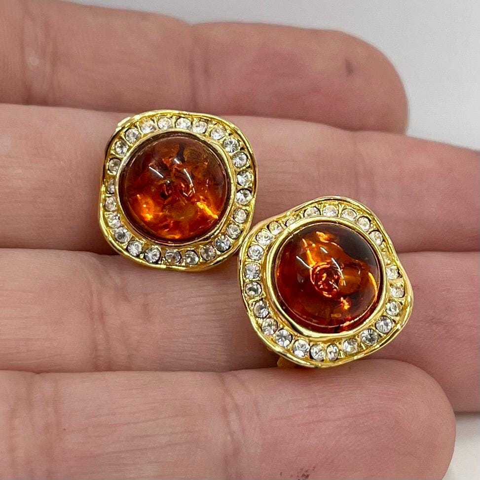 Vintage Faux Amber Round Clip On Earrings with a Clear Diamante Crystal Surround Gold Plated Hollywood Glamour TheGreenGlassGemShop