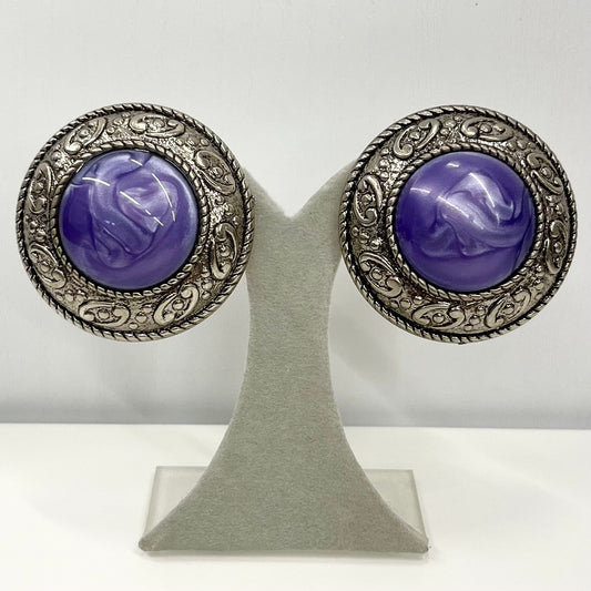 Vintage Large Round Purple Swirl Domed Statement Clip On Earrings Antiques Silver Tone 1980’s - 1990’s TheGreenGlassGemShop