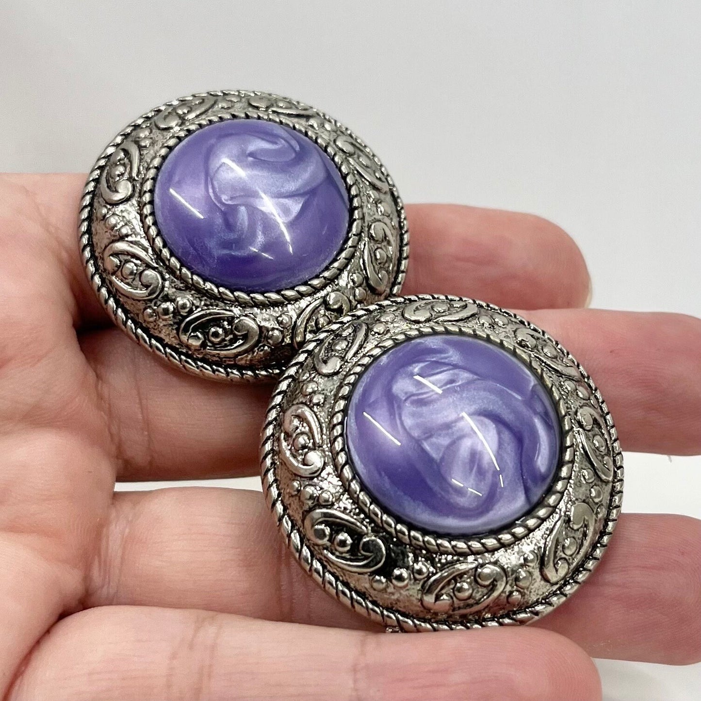 Vintage Large Round Purple Swirl Domed Statement Clip On Earrings Antiques Silver Tone 1980’s - 1990’s TheGreenGlassGemShop