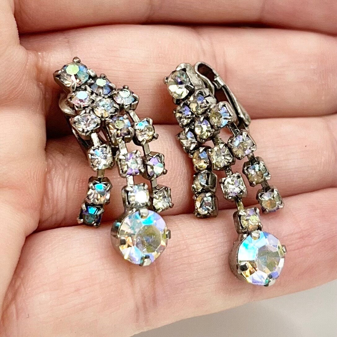 Vintage Aurora Borealis Crystal Drop Clip On Earrings Silver Tone Statement Style 1960’s - 1970’s Bridal Earrings TheGreenGlassGemShop