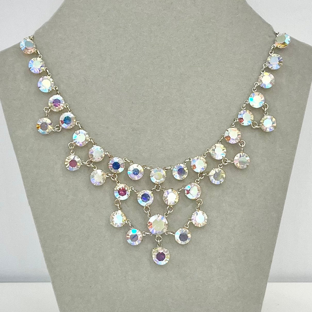 Vintage 1950’s - 1960’s Rivioli Aurora Borealis Crystal Necklace Triangular Drop Design Super Sparkling TheGreenGlassGemShop