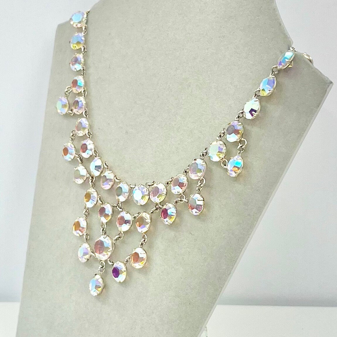 Vintage 1950’s - 1960’s Rivioli Aurora Borealis Crystal Necklace Triangular Drop Design Super Sparkling TheGreenGlassGemShop