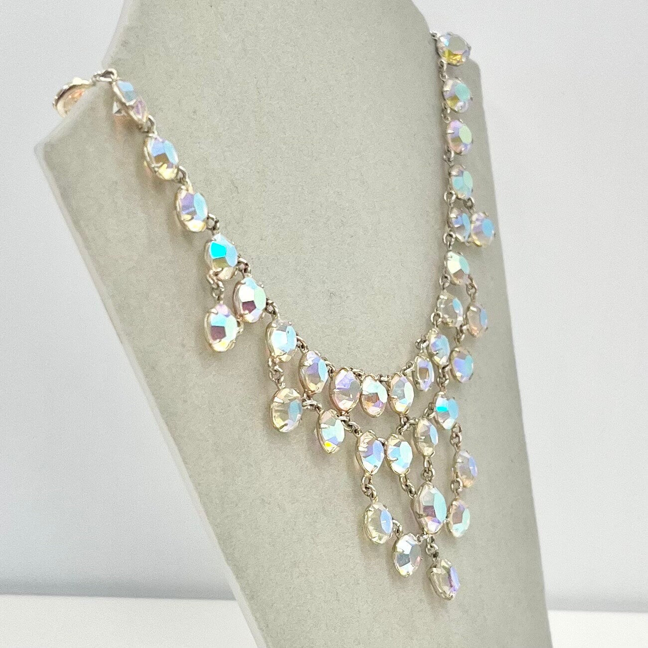 Vintage 1950’s - 1960’s Rivioli Aurora Borealis Crystal Necklace Triangular Drop Design Super Sparkling TheGreenGlassGemShop