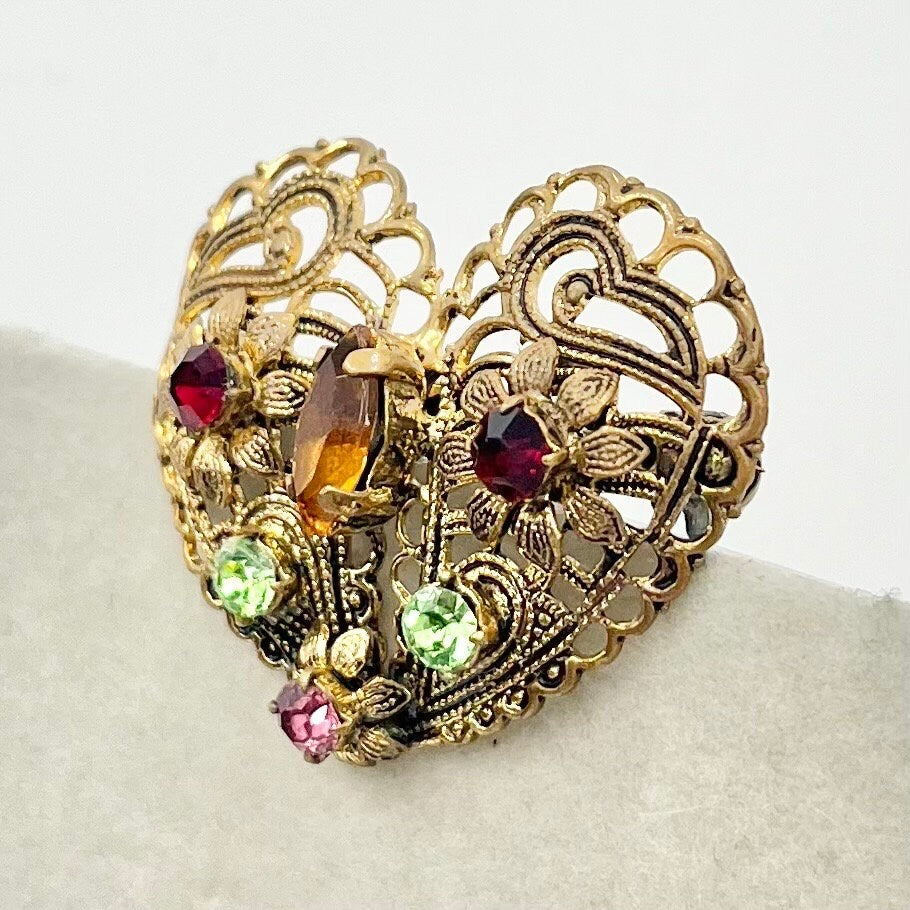 Antique Art Deco Czech Glass Crystal Brooch in a Brass Stamping Heart Filigree Setting Exceptional Quality Vintage Brooch TheGreenGlassGemShop