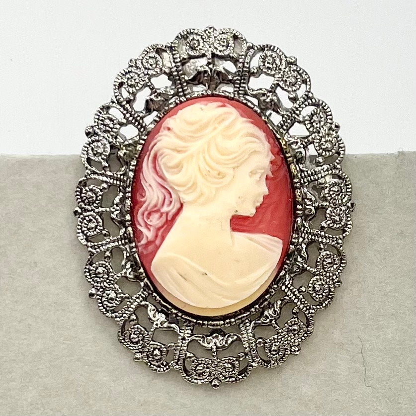 Vintage Large Red Faux Cameo Brooch in a Silver Tone Filigree Setting Victorian Style TheGreenGlassGemShop