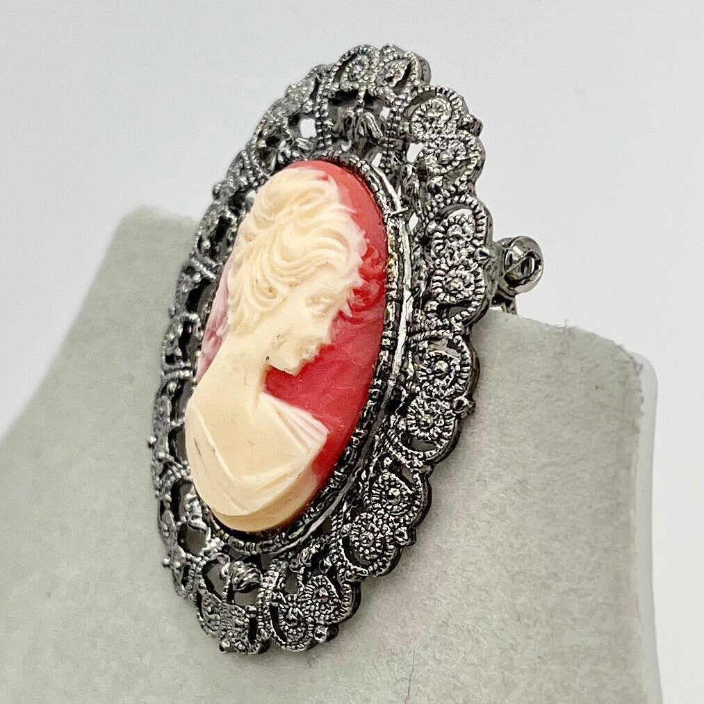 Vintage Large Red Faux Cameo Brooch in a Silver Tone Filigree Setting Victorian Style TheGreenGlassGemShop