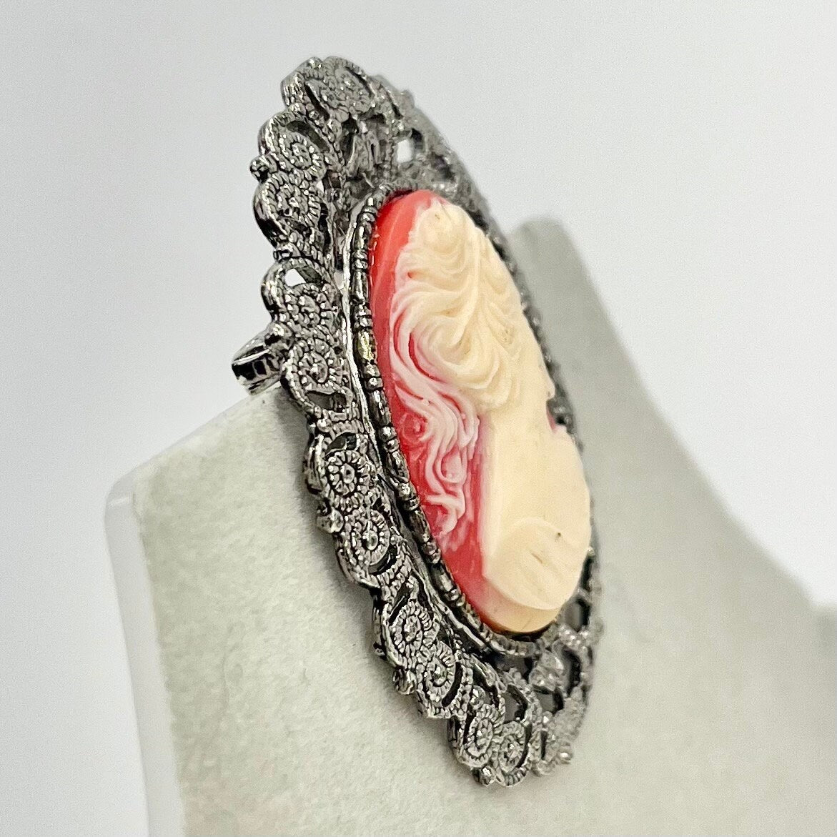 Vintage Large Red Faux Cameo Brooch in a Silver Tone Filigree Setting Victorian Style TheGreenGlassGemShop