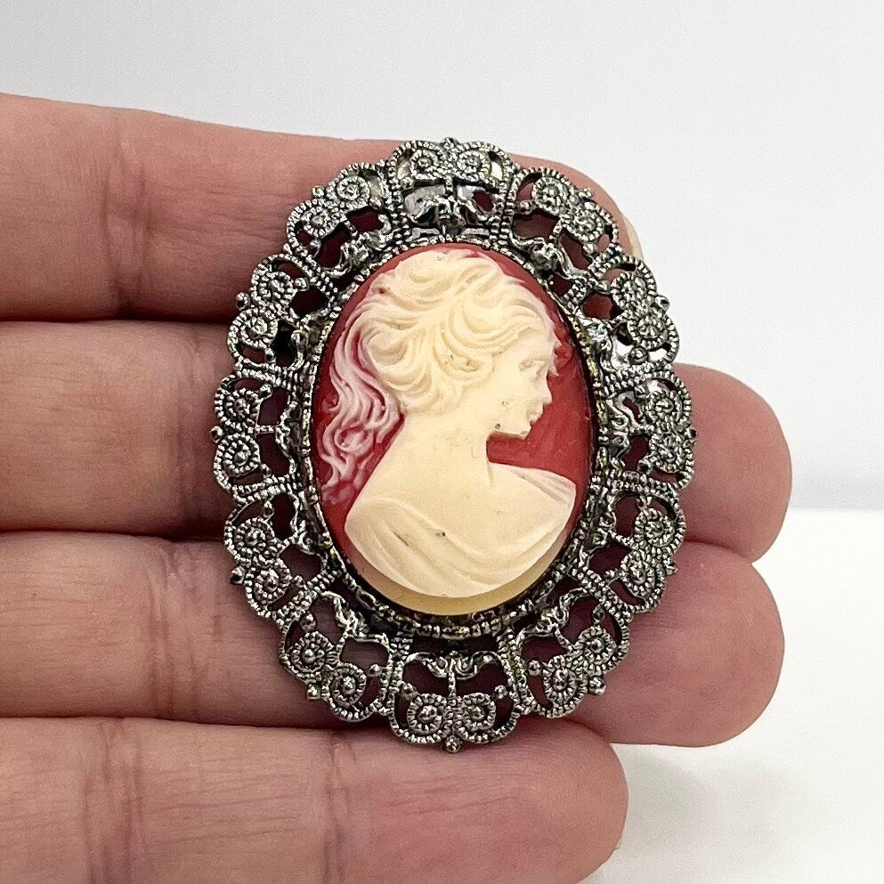 Vintage Large Red Faux Cameo Brooch in a Silver Tone Filigree Setting Victorian Style TheGreenGlassGemShop