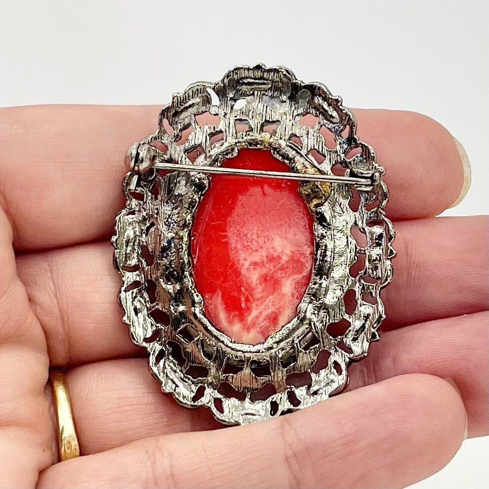 Vintage Large Red Faux Cameo Brooch in a Silver Tone Filigree Setting Victorian Style TheGreenGlassGemShop