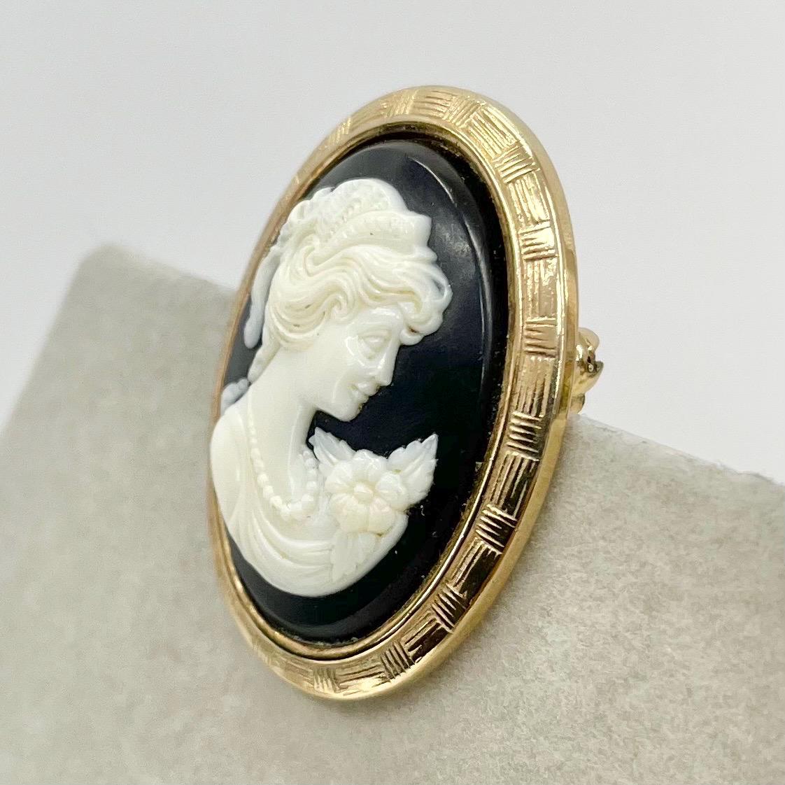 Vintage Black Cream Faux Cameo Brooch in a Gold Tone Filigree Setting Victorian Style TheGreenGlassGemShop