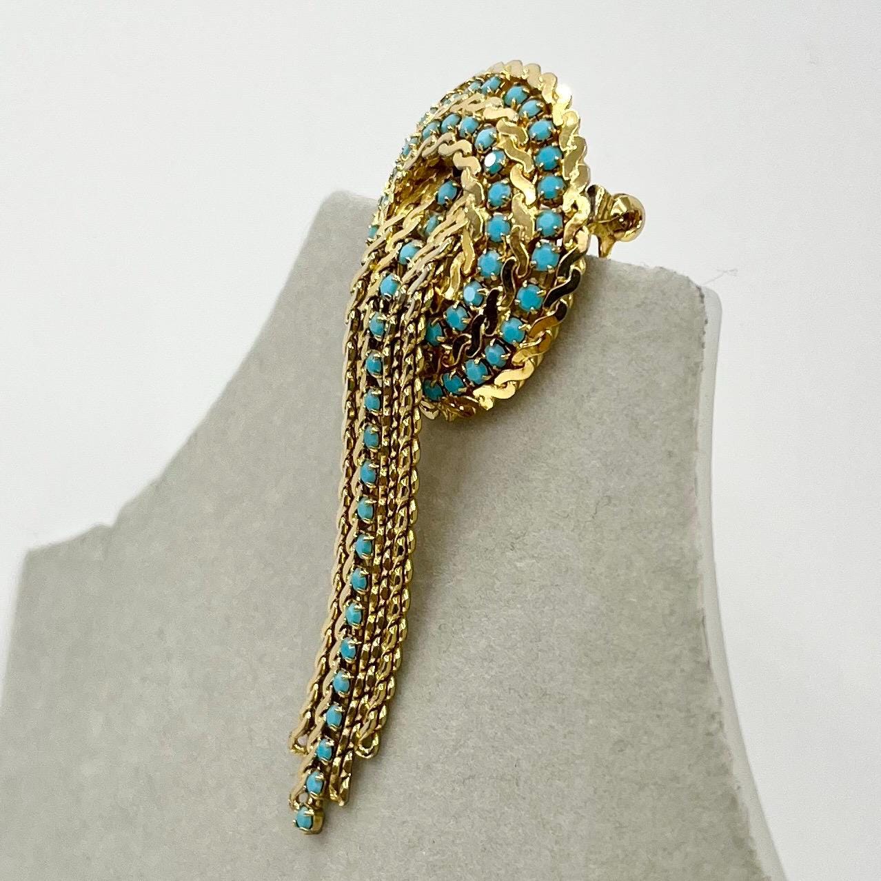 Vintage Turquoise Blue Crystal Long Tassle Drop Brooch Gold Plate Statement Piece TheGreenGlassGemShop