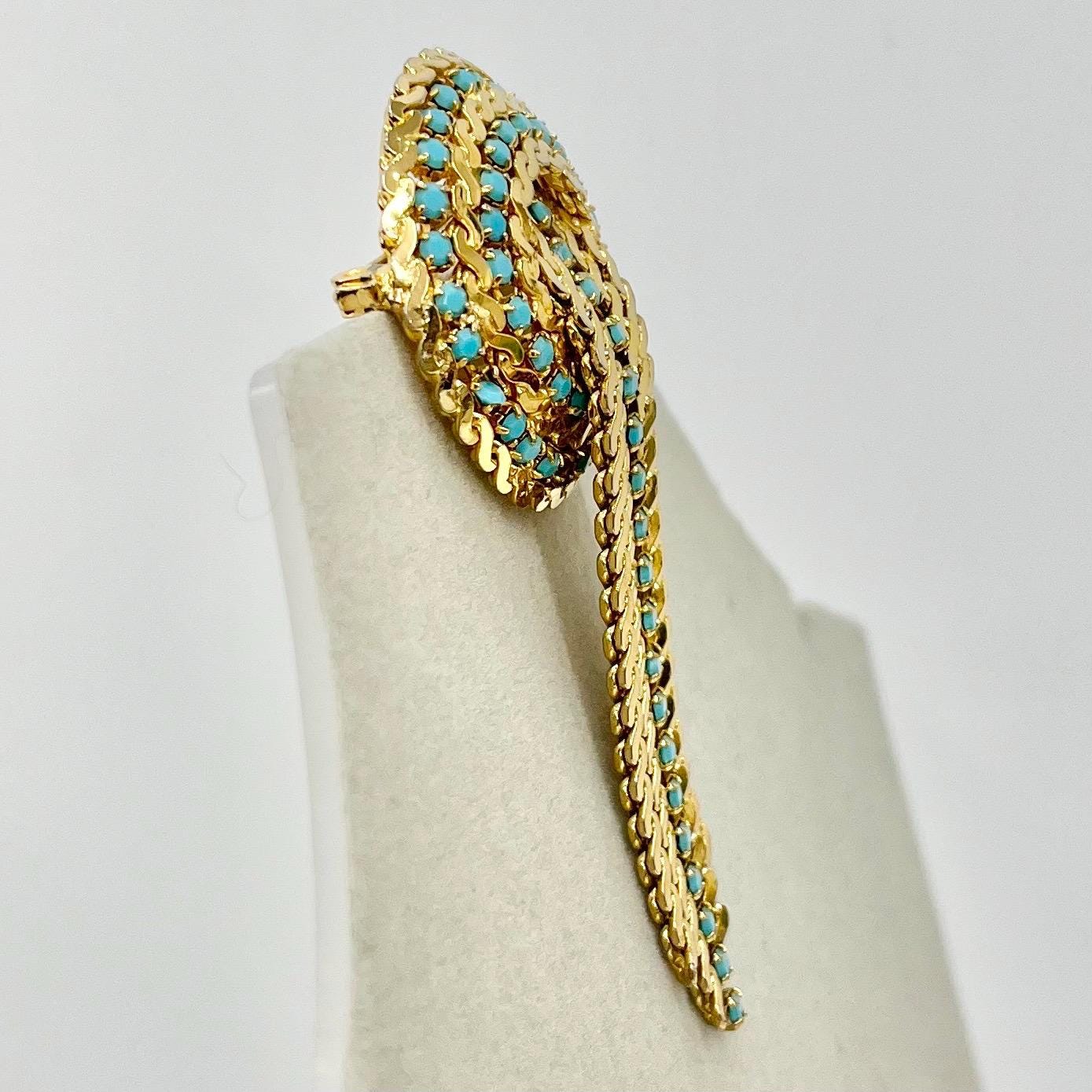 Vintage Turquoise Blue Crystal Long Tassle Drop Brooch Gold Plate Statement Piece TheGreenGlassGemShop