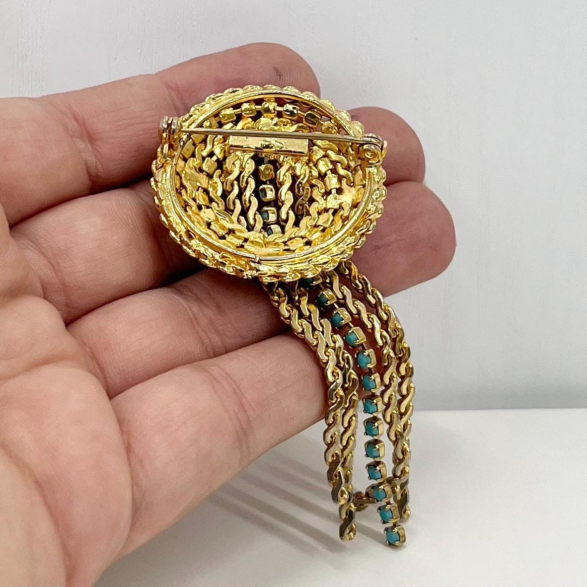 Vintage Turquoise Blue Crystal Long Tassle Drop Brooch Gold Plate Statement Piece TheGreenGlassGemShop
