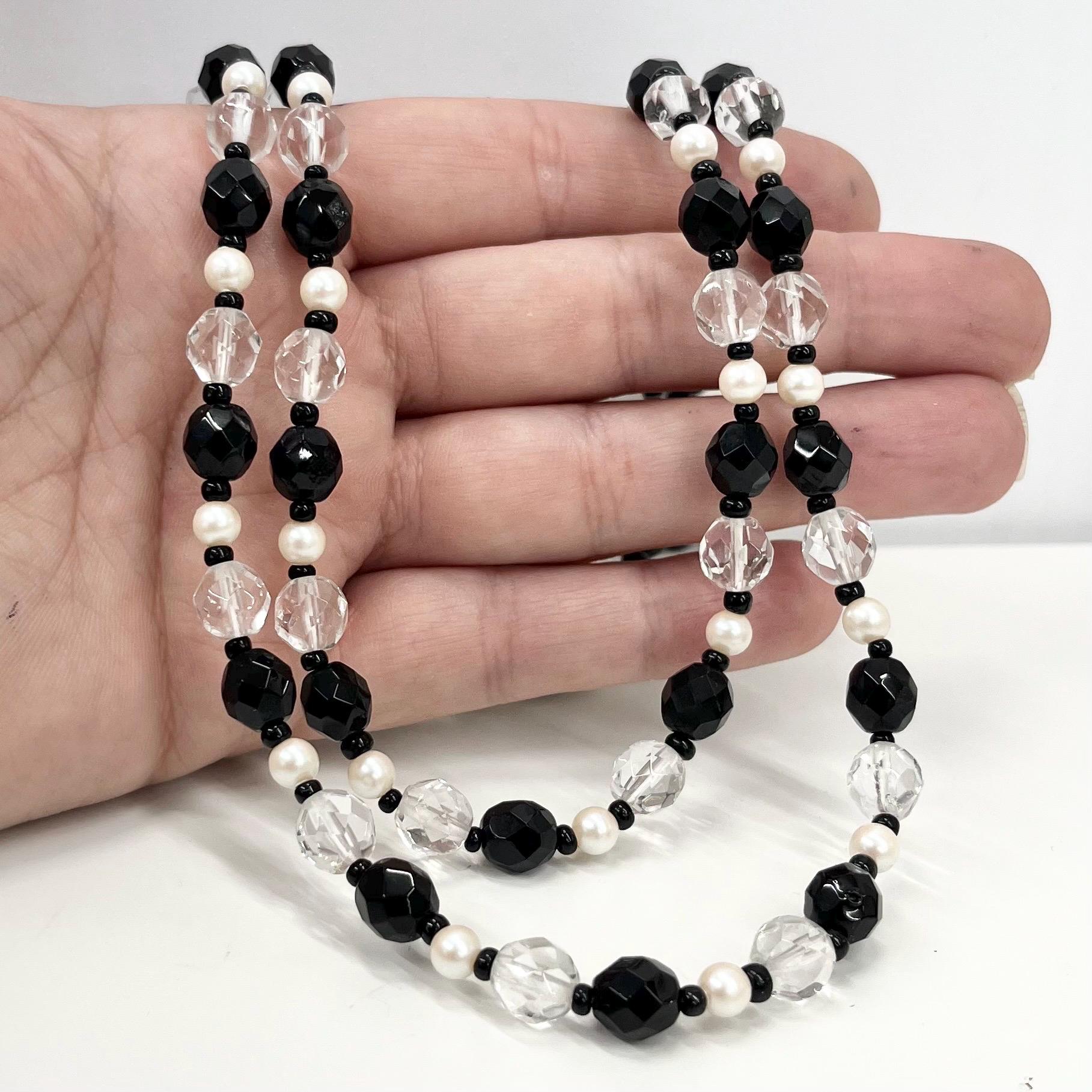 Vintage 36” Long Clear Czech Glass Bead Necklace with Alternating Black Beads & White Glass Pearls Long Flapper Style TheGreenGlassGemShop