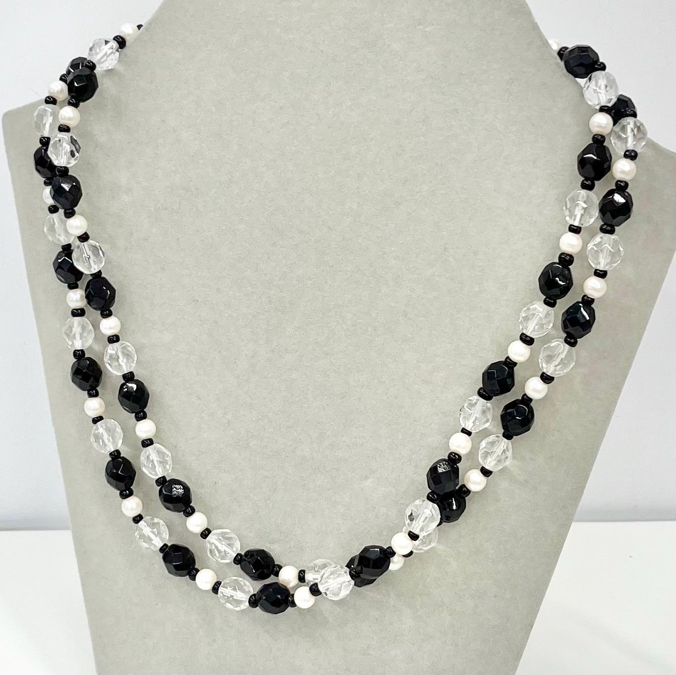 Vintage 36” Long Clear Czech Glass Bead Necklace with Alternating Black Beads & White Glass Pearls Long Flapper Style TheGreenGlassGemShop