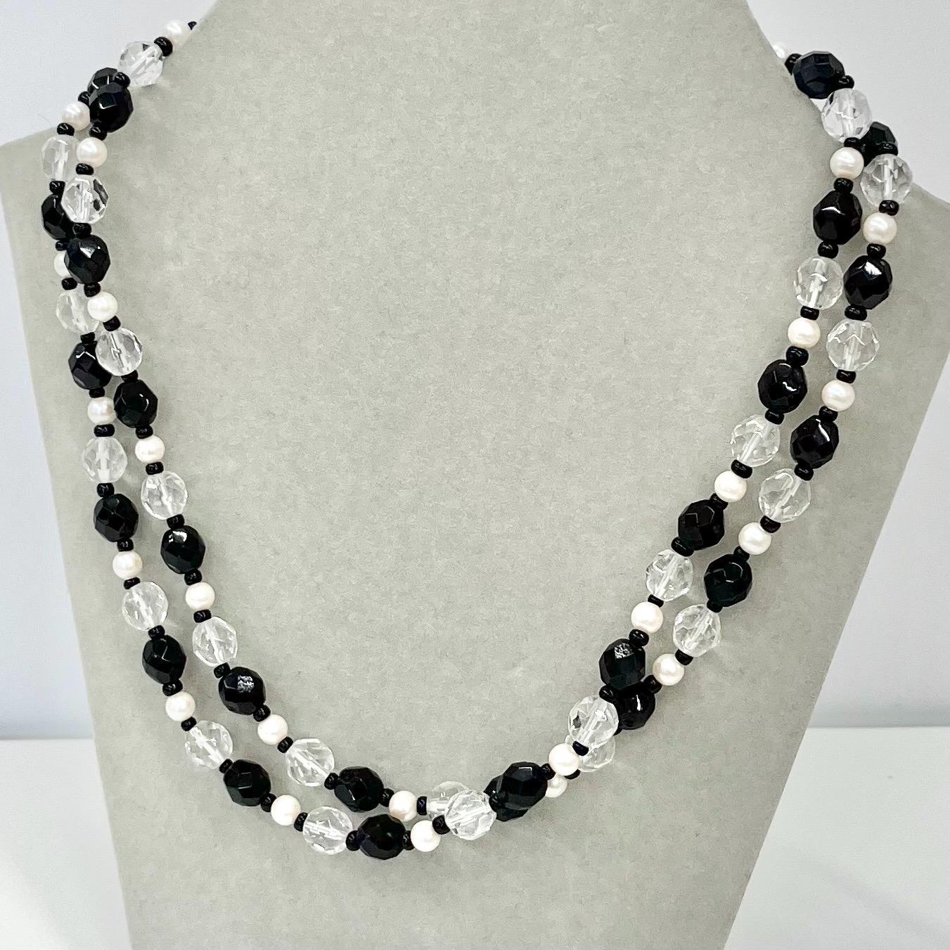 Vintage 36” Long Clear Czech Glass Bead Necklace with Alternating Black Beads & White Glass Pearls Long Flapper Style TheGreenGlassGemShop