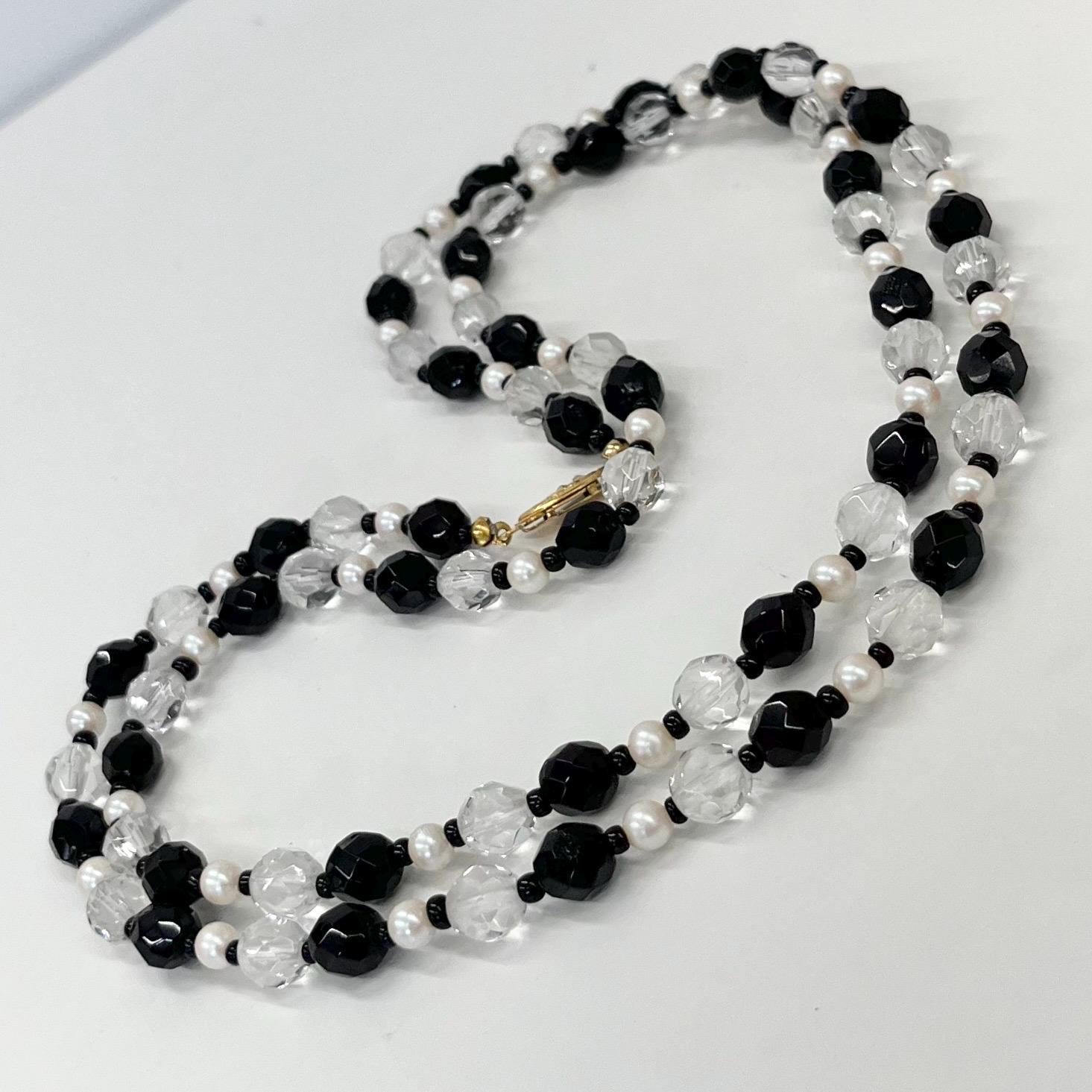 Vintage 36” Long Clear Czech Glass Bead Necklace with Alternating Black Beads & White Glass Pearls Long Flapper Style TheGreenGlassGemShop