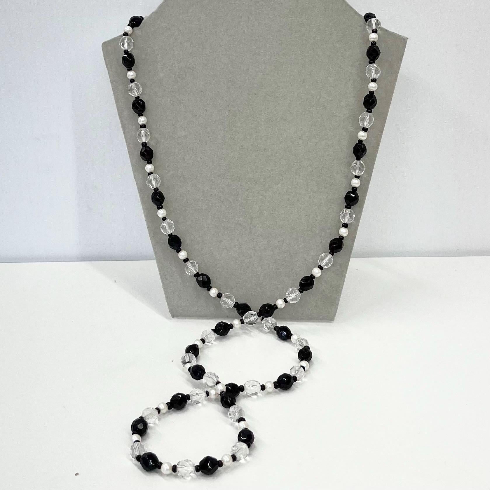 Vintage 36” Long Clear Czech Glass Bead Necklace with Alternating Black Beads & White Glass Pearls Long Flapper Style TheGreenGlassGemShop