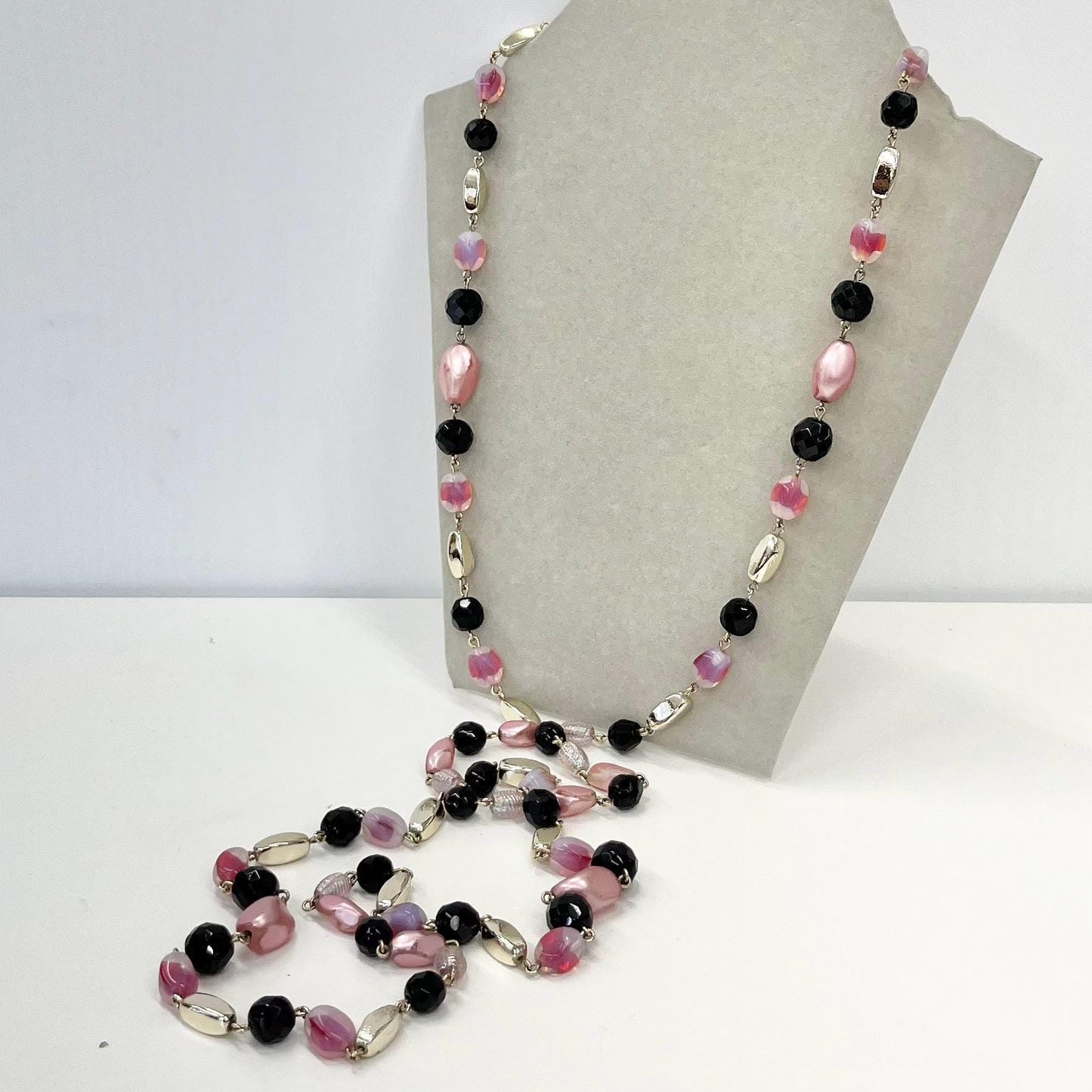 Vintage 46” Long Pink Opal & Black Czech Glass Bead Necklace with Silver Accent Beads and Pink Baroque Glass Pearls TheGreenGlassGemShop