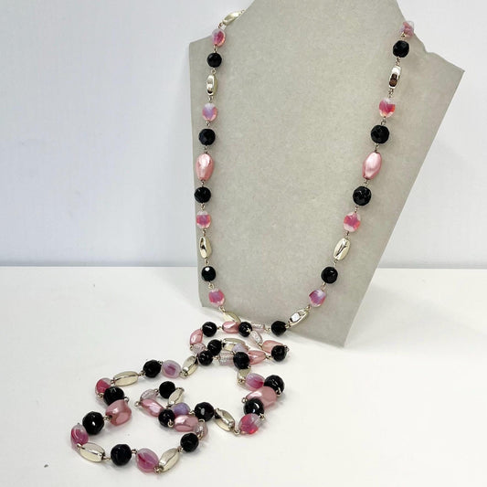 Vintage 46” Long Pink Opal & Black Czech Glass Bead Necklace with Silver Accent Beads and Pink Baroque Glass Pearls TheGreenGlassGemShop