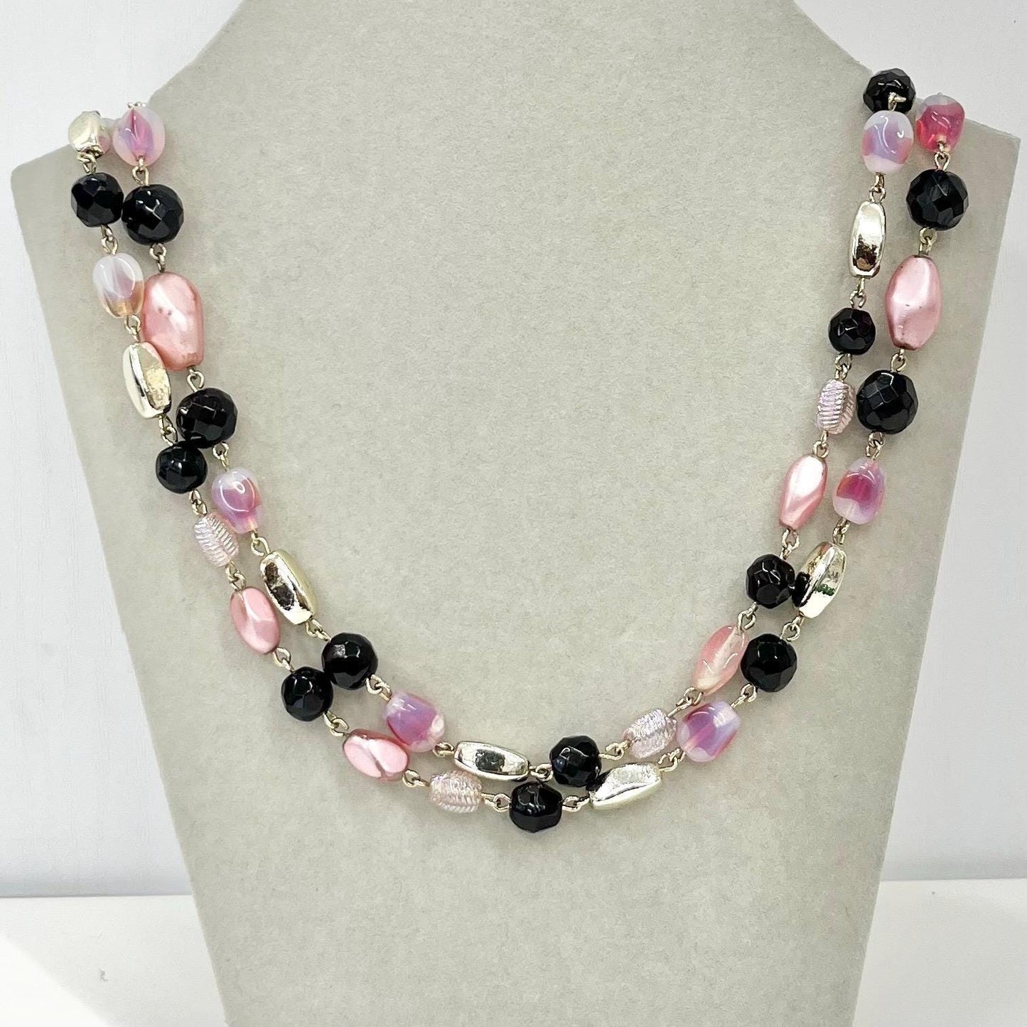 Vintage 46” Long Pink Opal & Black Czech Glass Bead Necklace with Silver Accent Beads and Pink Baroque Glass Pearls TheGreenGlassGemShop