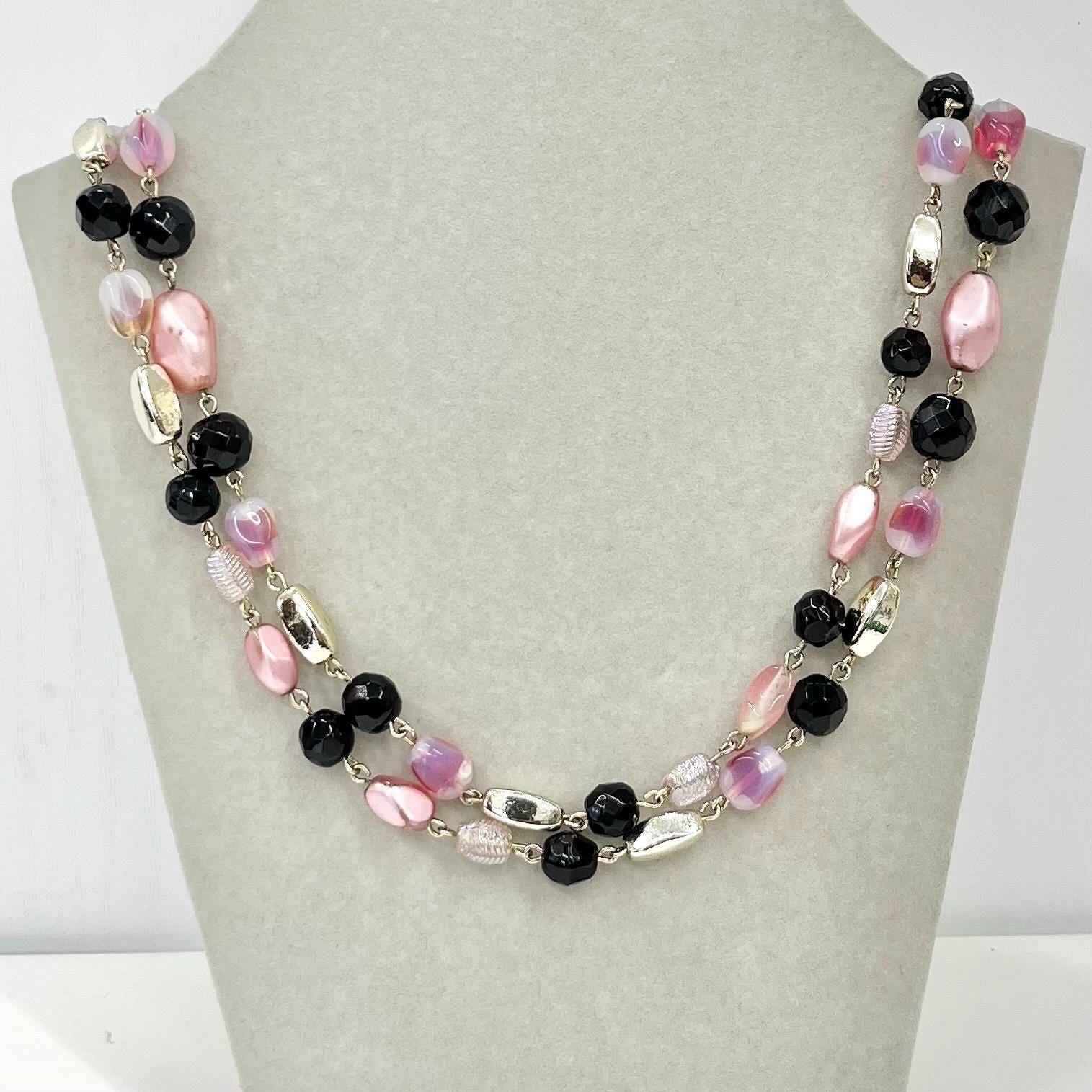 Vintage 46” Long Pink Opal & Black Czech Glass Bead Necklace with Silver Accent Beads and Pink Baroque Glass Pearls TheGreenGlassGemShop