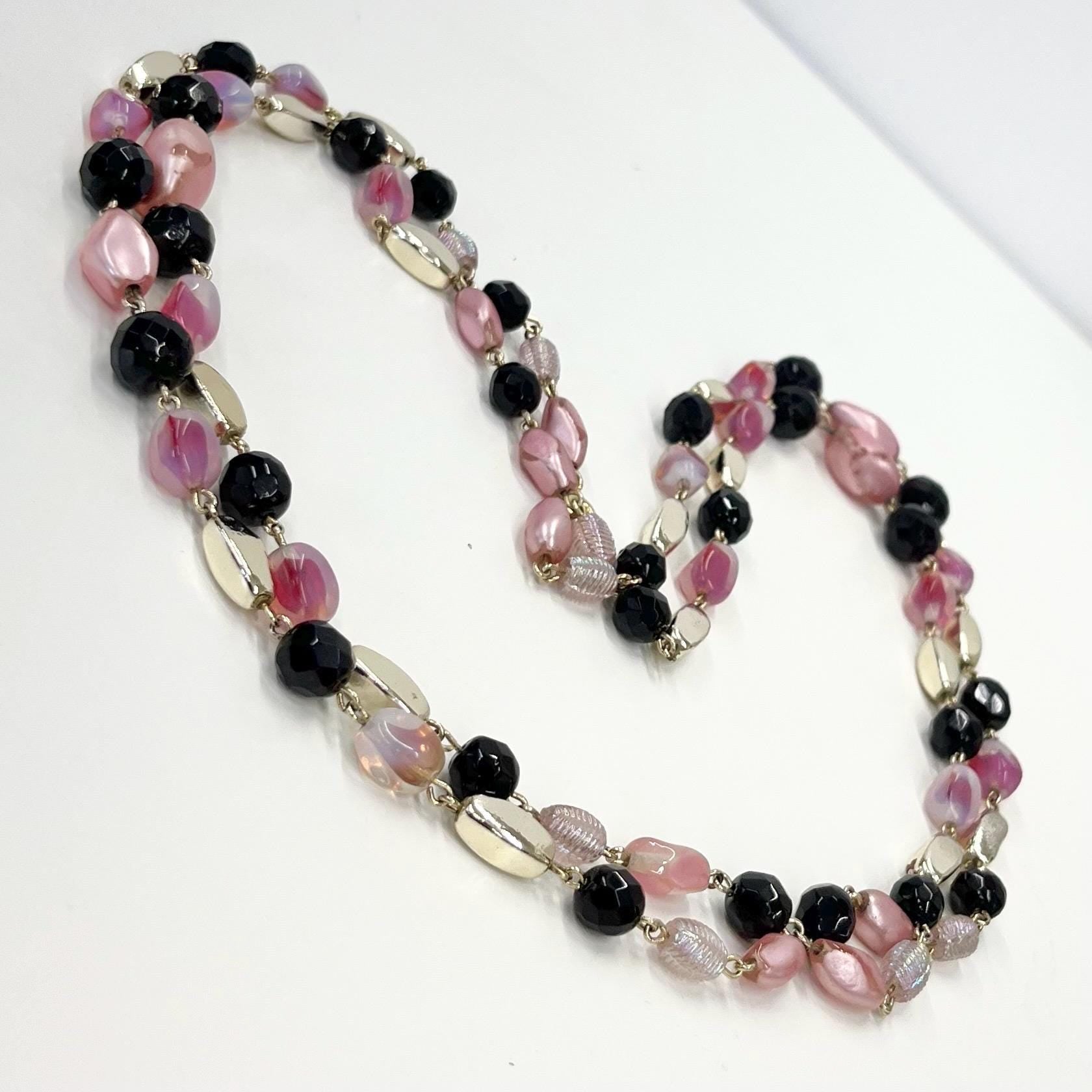 Vintage 46” Long Pink Opal & Black Czech Glass Bead Necklace with Silver Accent Beads and Pink Baroque Glass Pearls TheGreenGlassGemShop