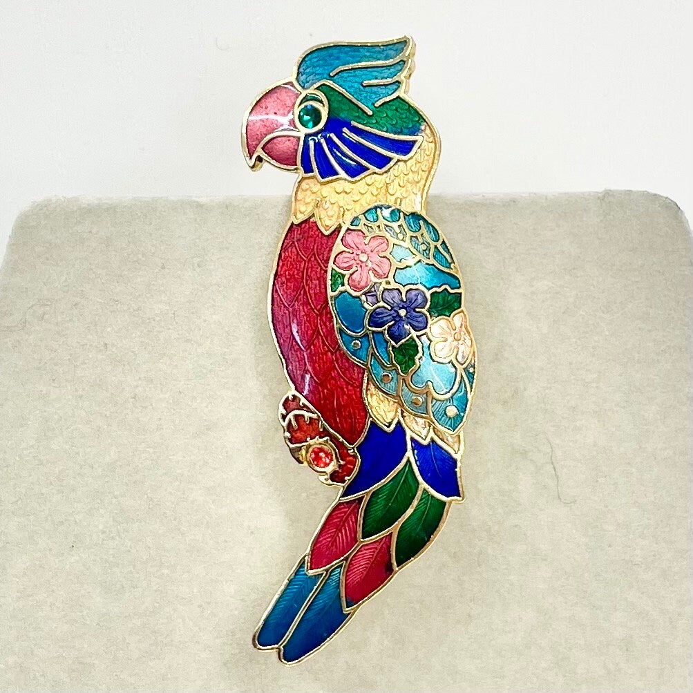 Vintage Stunning Gold Tone Cloisonne Enamel Parrot / Cockatoo Bird Brooch Excellent Quality Costume Jewellery Statement Piece TheGreenGlassGemShop