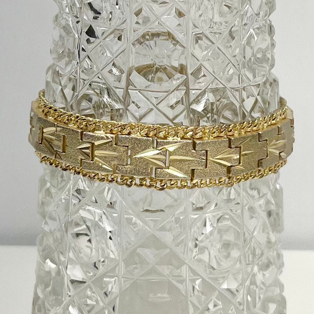 Vintage Gold Plate 1970’s Diamond Cut Engraved Wide Bracelet with Rope Chain Edges Costume Jewellery TheGreenGlassGemShop