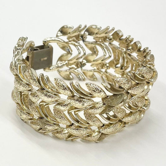 Vintage Gold Plate 1970’s Wide Leaf Link Cuff Bracelet Power Dressing Costume Jewellery TheGreenGlassGemShop