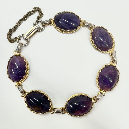 Vintage Gold Tone 1970’s Purple Amethyst Cabochon Stone Bracelet with a Safety Chain Semi Precious Costume Jewellery 7” TheGreenGlassGemShop