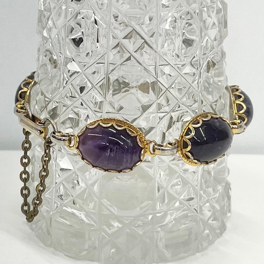 Vintage Gold Tone 1970’s Purple Amethyst Cabochon Stone Bracelet with a Safety Chain Semi Precious Costume Jewellery 7” TheGreenGlassGemShop