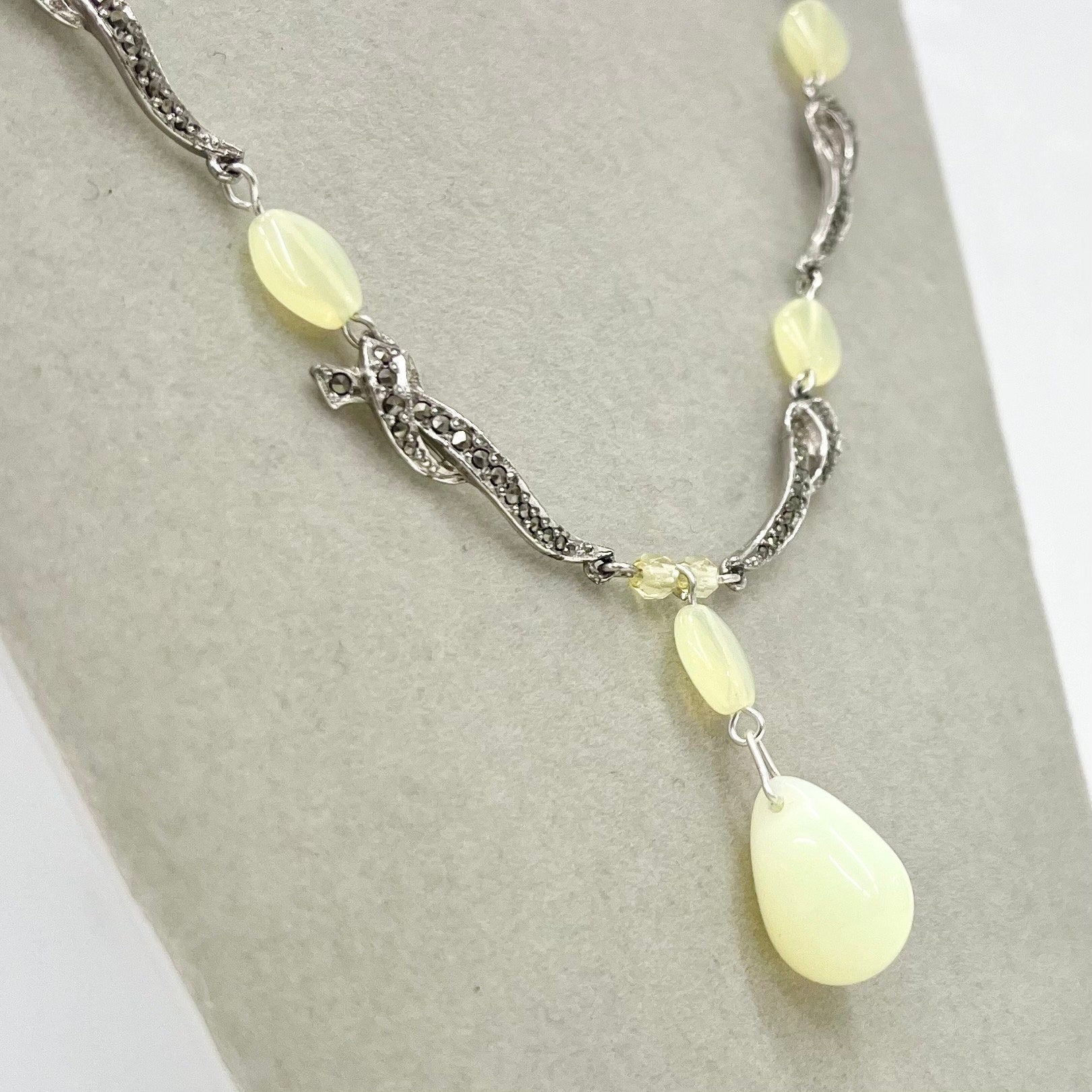 Handmade Yellow Vaseline Uranium Glass Drop Marcasite Necklace Bright Green Under UV Light UV Reactive Glow Jewellery Bridgerton Style TheGreenGlassGemShop