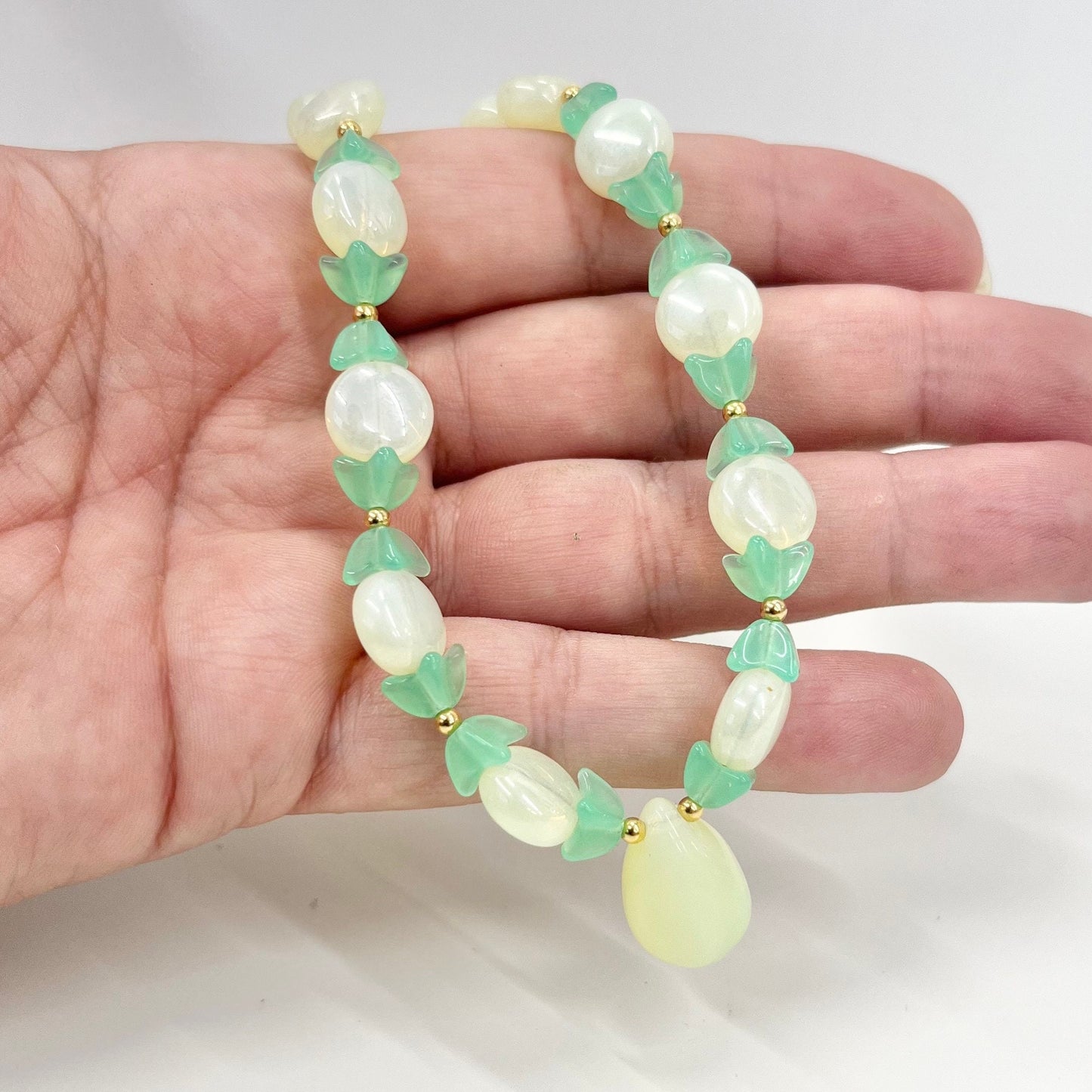 Handmade Yellow Vaseline Uranium Glass Vintage Bead Drop Necklace Bright Green Under UV Light UV Reactive Glow Jewellery Bridgerton Style TheGreenGlassGemShop