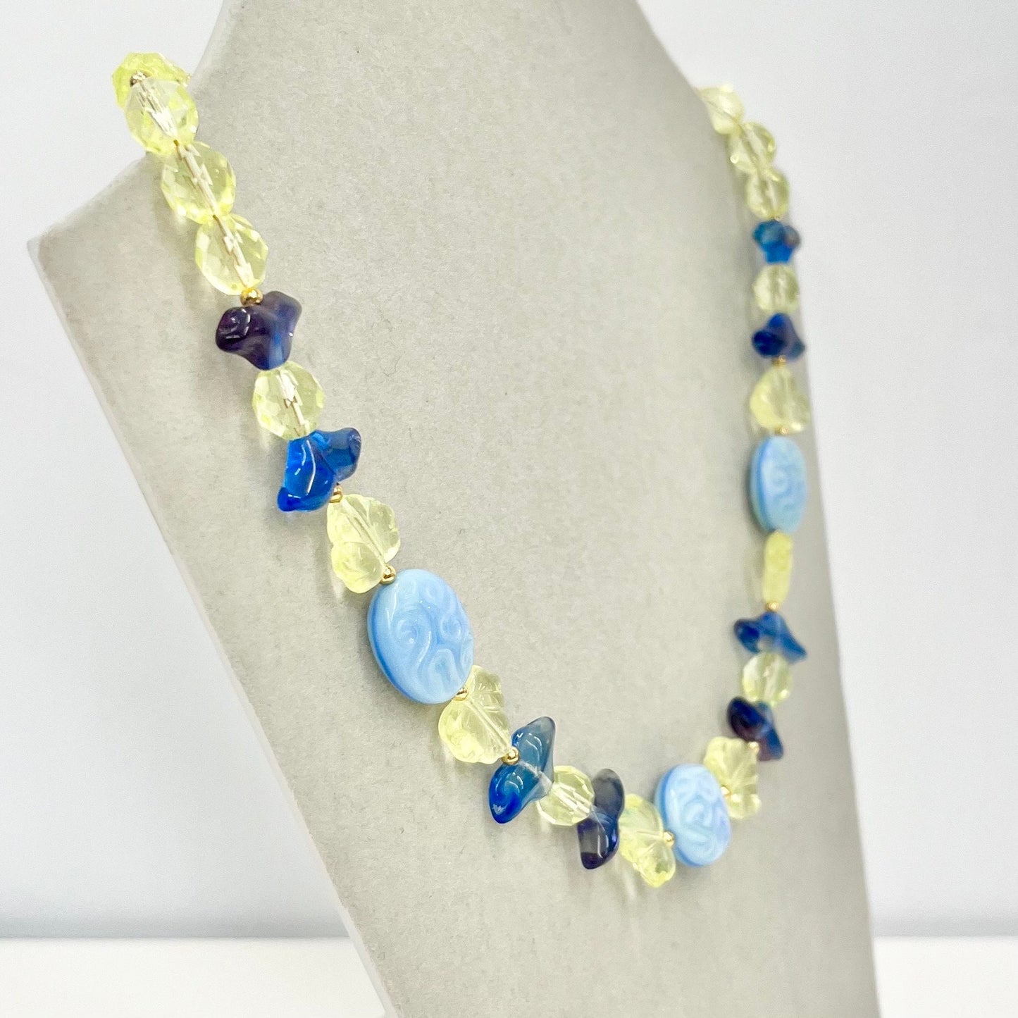 Handmade Yellow & Blue Uranium Czech Glass Vintage Bead Necklace Fabulous Green Glow Under UV Light UV Reactive Glow Jewellery TheGreenGlassGemShop