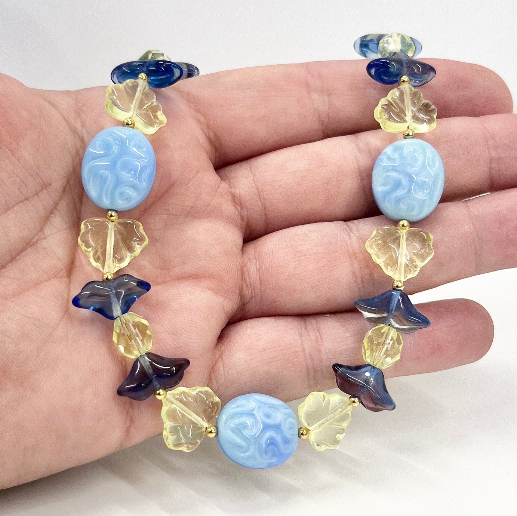 Handmade Yellow & Blue Uranium Czech Glass Vintage Bead Necklace Fabulous Green Glow Under UV Light UV Reactive Glow Jewellery TheGreenGlassGemShop