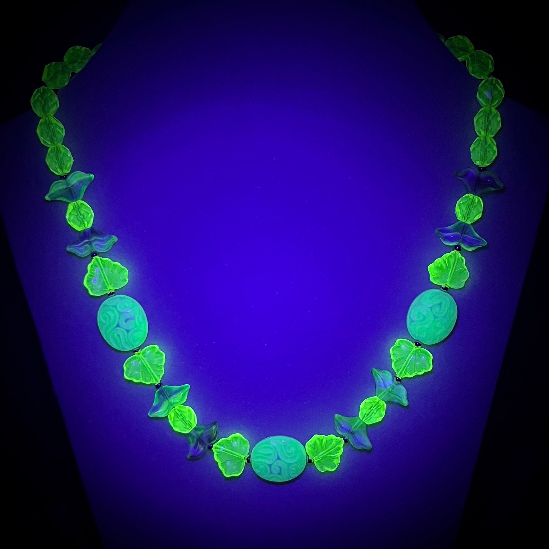 Handmade Yellow & Blue Uranium Czech Glass Vintage Bead Necklace Fabulous Green Glow Under UV Light UV Reactive Glow Jewellery TheGreenGlassGemShop