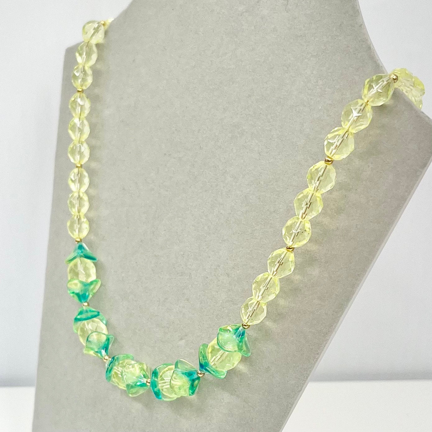 Handmade Yellow Uranium & Green Czech Glass Vintage Bead Necklace Fabulous Green Glow Under UV Light UV Reactive Glow Jewellery TheGreenGlassGemShop