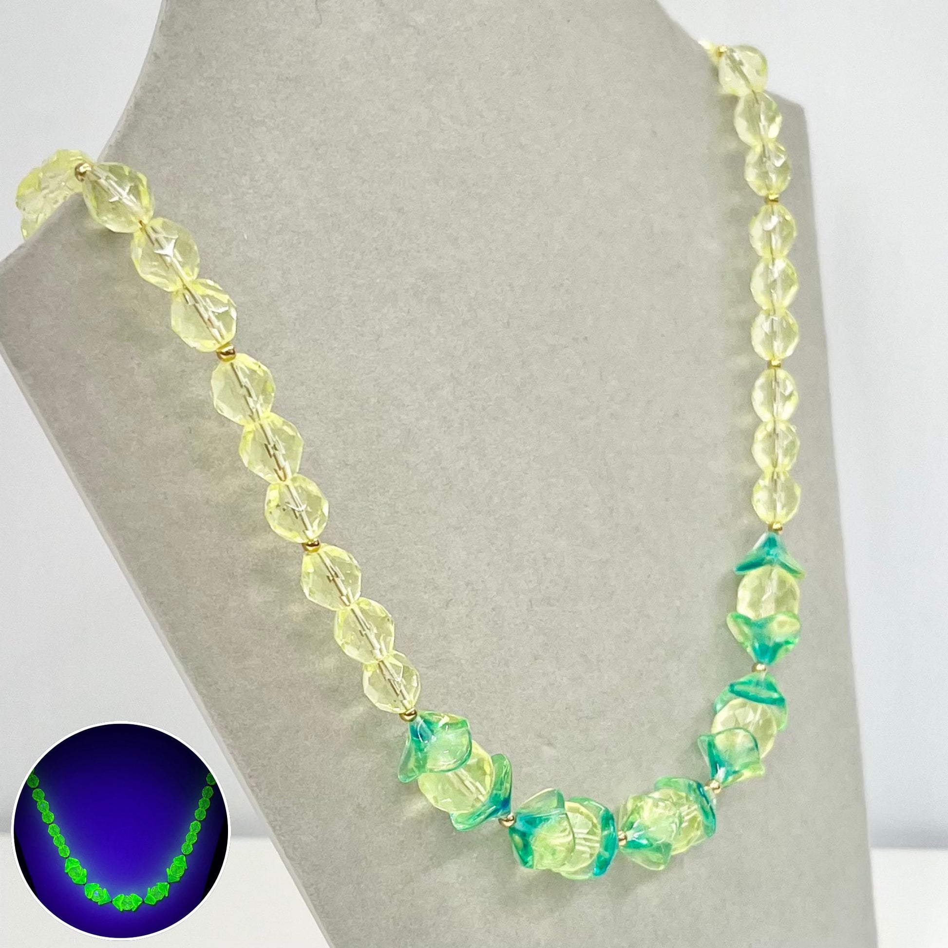 Handmade Yellow Uranium & Green Czech Glass Vintage Bead Necklace Fabulous Green Glow Under UV Light UV Reactive Glow Jewellery TheGreenGlassGemShop